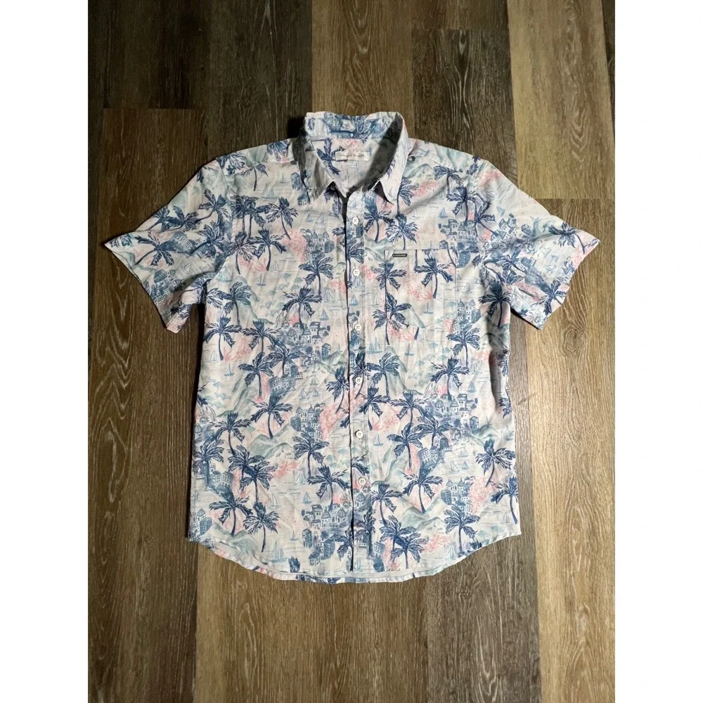 Vintage Summer Button Up Shirt Mens Size Medium White Blue Tropical Palm Tree